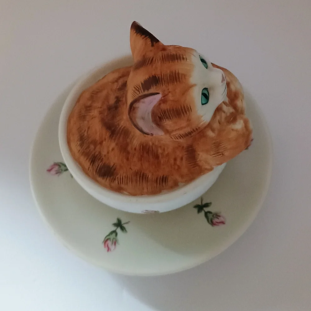 Vintage Bisque Kitten In A Tea Cup Music Figurine Mann